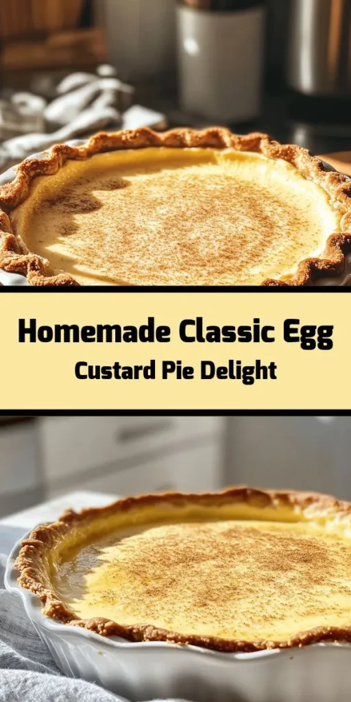 Indulge in the nostalgic flavors of our Classic Old-Fashioned Egg Custard Pie! This easy recipe combines creamy custard made from fresh eggs, whole milk, and a hint of nutmeg, all nestled in a flaky pie crust. Perfect for family gatherings or a sweet treat at home, it pairs beautifully with a dollop of whipped cream. Bake it, chill it, and enjoy the rich, smooth texture that will take you back to simpler times. Follow for the full recipe!