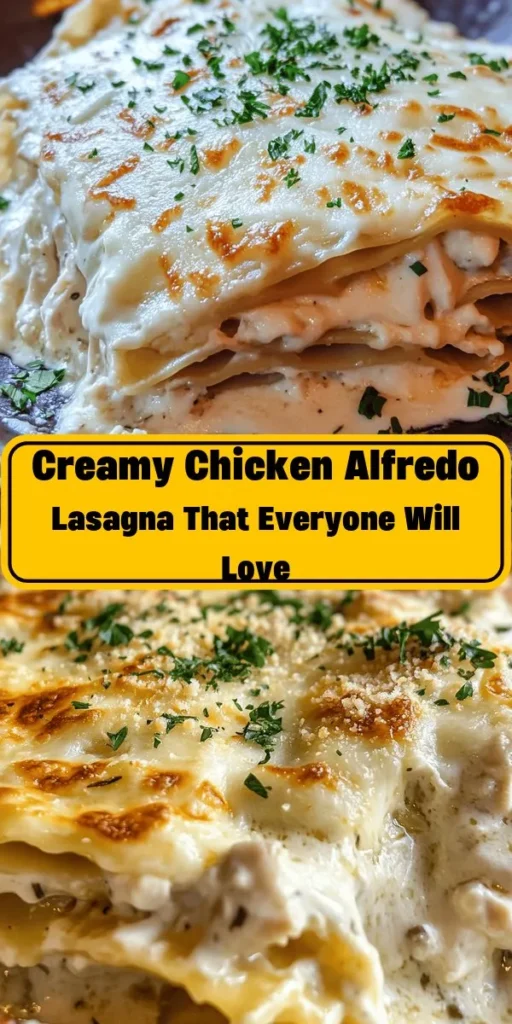 Indulge in the comforting goodness of Creamy Chicken Alfredo Lasagna! This delicious dish layers tender lasagna noodles with a rich Alfredo sauce, shredded chicken, creamy ricotta, and plenty of melted mozzarella and Parmesan cheese. Perfect for family dinners or gatherings, it's easy to prepare and sure to impress. Gather your ingredients and follow the steps for a cheesy, hearty meal that everyone will love. Don’t forget to garnish with fresh parsley for a beautiful finish!