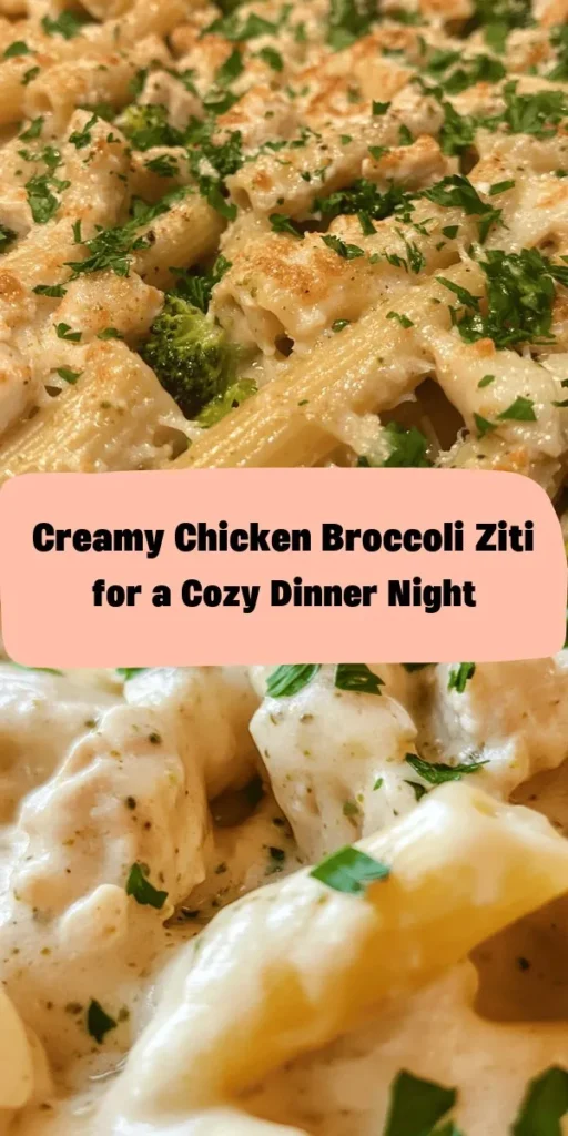 Discover the perfect comfort food with this Creamy Chicken Broccoli Ziti Delight! This dish combines tender chicken, fresh broccoli, and hearty ziti pasta in a rich, creamy sauce. With simple ingredients like garlic, Parmesan cheese, and Italian seasoning, it's easy to make and full of flavor. In just 35 minutes, you can whip up a delicious meal that serves four. Ideal for weeknight dinners! Don't forget to garnish with fresh parsley for that extra touch. Enjoy!