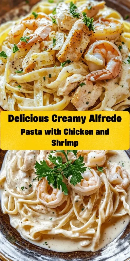 Indulge in this creamy dreamy Alfredo pasta with chicken and shrimp! This delightful dish features fettuccine in a rich, velvety sauce made with heavy cream and Parmesan cheese. In just 30 minutes, you can sauté chicken and shrimp to perfection, toss them with pasta, and create a delicious meal for your family or guests. Garnish with fresh parsley for a vibrant touch. Perfect for a cozy dinner night or special occasions!