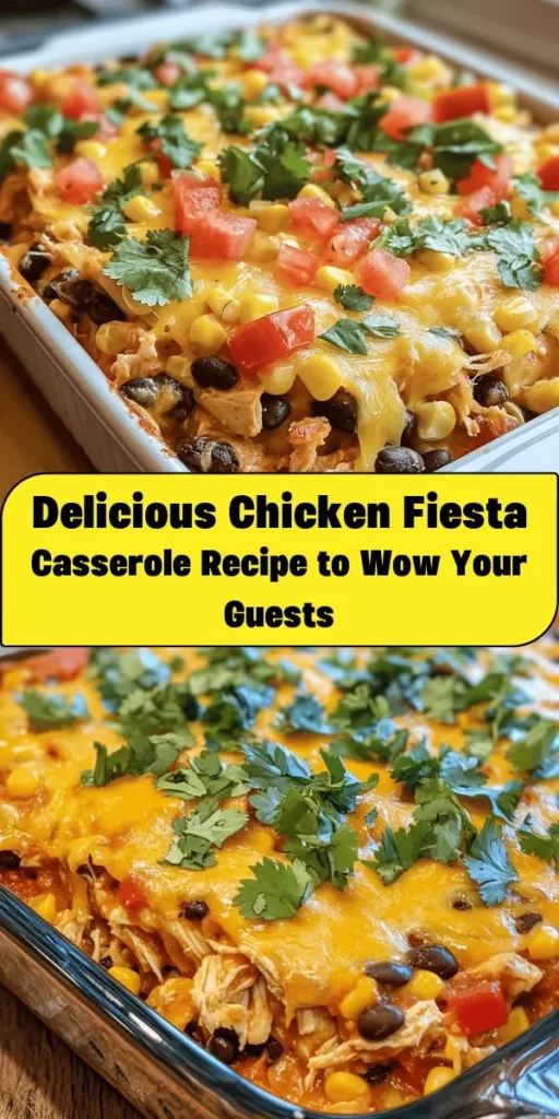 Looking for a delicious and easy meal? Try this Chicken Fiesta Casserole! Packed with shredded chicken, black beans, corn, tomatoes, and bell peppers, it's bursting with flavor. Topped with melty cheddar cheese, this dish is not only satisfying but also quick to prepare. Perfect for busy weeknights, it takes just 15 minutes of prep and only 25-30 minutes in the oven. Don't forget to garnish with fresh cilantro for that extra pop! Enjoy a taste of the fiesta at your dinner table!