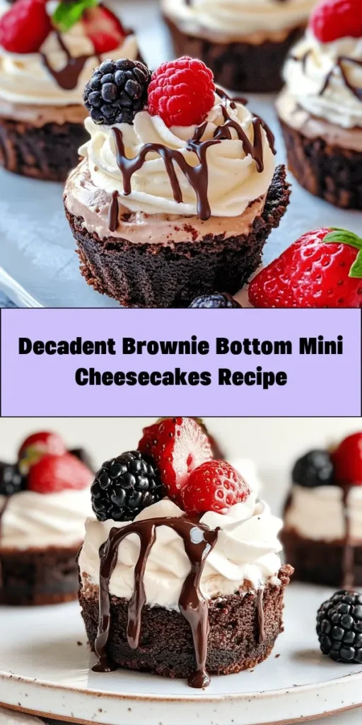 Indulge in these delightful Brownie Bottom Mini Cheesecakes! With a rich brownie base and a creamy cheesecake filling, these treats are perfect for any occasion. Simply mix up the brownie batter, bake, then layer with a smooth cheesecake mixture and bake again. After refrigerating, top with whipped cream, fresh berries, or chocolate ganache for an extra touch. Get ready to impress your friends and family with these delicious mini desserts!