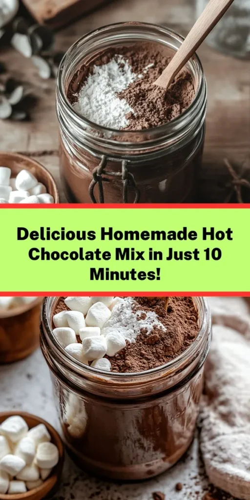 Indulge in the ultimate comforting treat with this homemade hot chocolate mix! Made with a delightful blend of cocoa powder, powdered sugar, and powdered milk, this easy recipe takes just 10 minutes to prepare. Perfect for cozy nights in, simply mix with hot water or milk for a rich and creamy cup. Top with mini marshmallows for an extra treat! Store it in an airtight container and enjoy your homemade hot chocolate any time you crave a warm hug in a mug.