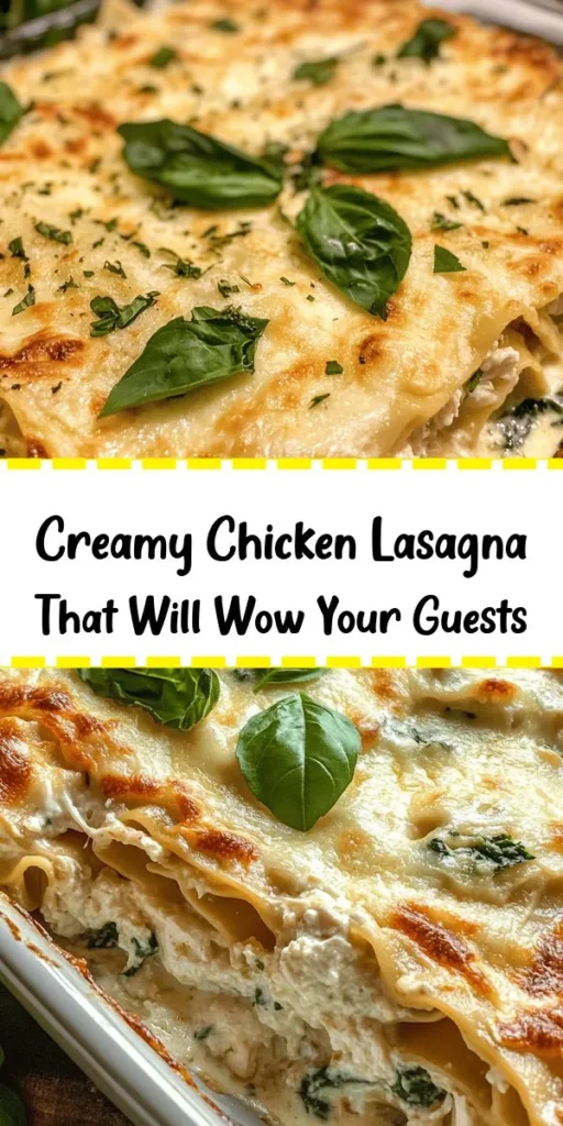 Indulge in this Creamy Chicken Lasagna Delight that's perfect for any occasion! This delicious recipe features layers of tender lasagna noodles, shredded chicken, creamy ricotta, and a savory white sauce loaded with spinach and Italian seasoning. Topped with gooey mozzarella, this comforting dish is baked to golden perfection. Easy to prepare and packed with flavor, it's sure to impress family and friends. Don't forget to garnish with fresh basil for that extra pop!