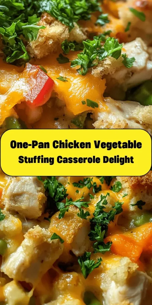 Discover the perfect comfort food with this Savory Chicken Vegetable Stuffing Casserole! Made with tender chicken, colorful mixed veggies, and a rich cream of chicken soup base, this dish is finished with a crispy stuffing topping and ooey-gooey cheddar cheese. Quick to prepare and bake, it's perfect for families or weeknight dinners. Serve it hot, garnished with fresh parsley for a deliciously satisfying meal everyone will love!