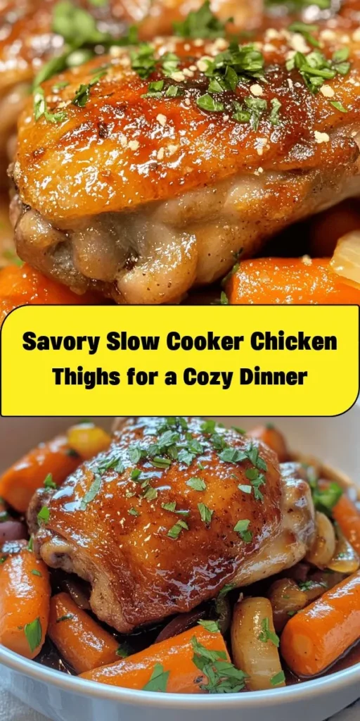 Savor the comforting flavors of these slow cooker bone-in chicken thighs! This easy recipe features tender chicken seasoned with smoked paprika, garlic, and thyme, cooked perfectly with sweet honey and savory soy sauce. Toss in baby carrots and onions for added nutrition and taste. Ideal for busy days, just set it and forget it! Serve over rice or mashed potatoes for a hearty meal. Perfect for family dinners or meal prepping! Enjoy the delicious simplicity!