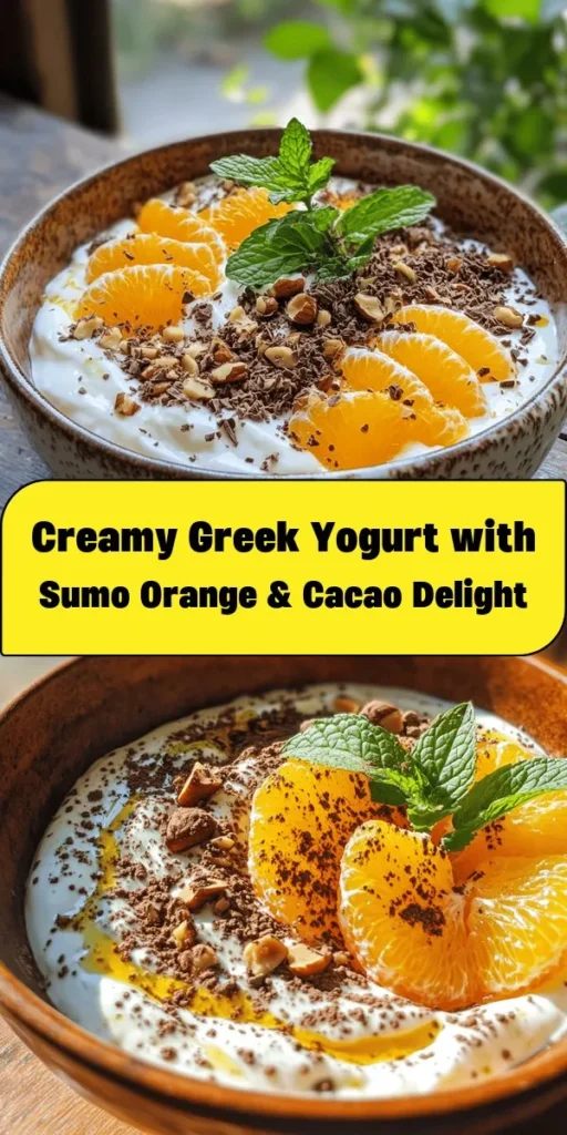Indulge in a refreshing and nutritious treat with this Greek Yogurt with Sumo Orange, Cacao & Mint recipe! This delightful dish combines rich Greek yogurt with sweet Sumo orange segments and a hint of chocolate from raw cacao. Topped with fresh mint and optional toasted nuts for crunch, it's the perfect balance of flavors. Ready in just 10 minutes, it's a quick and healthy snack or dessert. Enjoy a delicious bite of sunshine with every spoonful!