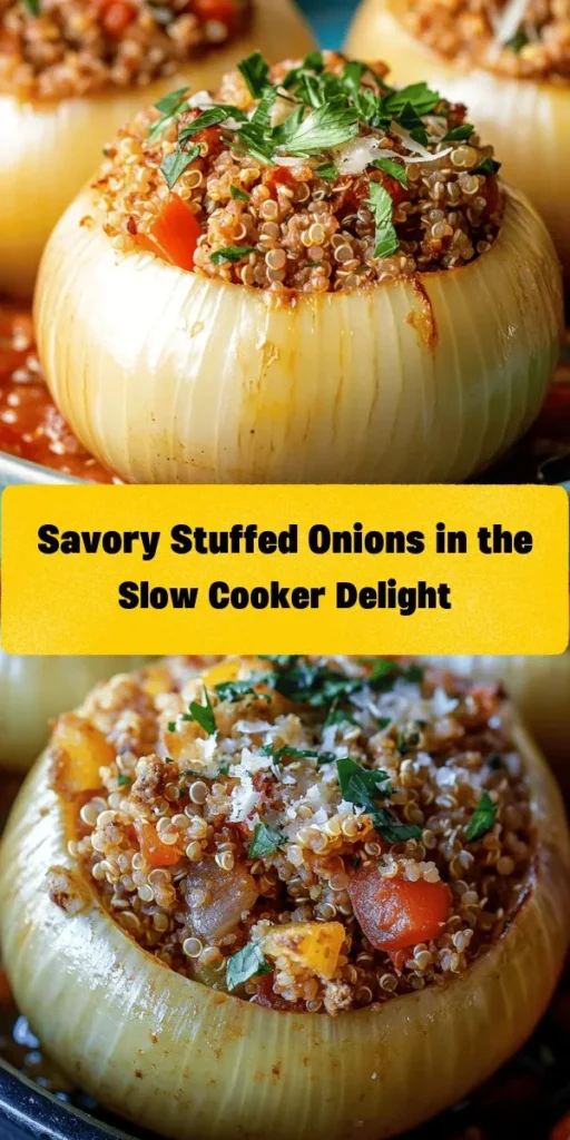 Discover the deliciousness of Savory Slow Cooker Stuffed Onions! This comforting recipe features large yellow onions filled with a hearty mixture of ground turkey or beef, quinoa or rice, colorful bell peppers, and spices, all slow-cooked to perfection. The result is tender, flavorful onions that are easy to make and perfect for a family dinner. Top with Parmesan and fresh parsley for an added touch. Enjoy this healthy and satisfying meal with a side salad or crusty bread!