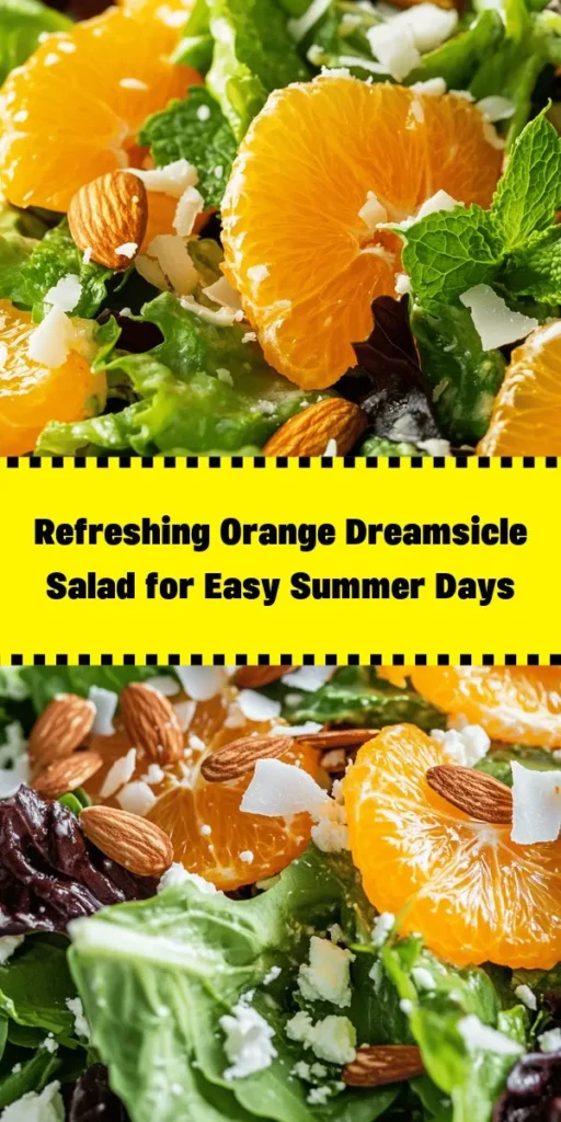 Brighten up your meal with this delectable Orange Dreamsicle Salad! Loaded with fresh greens, juicy orange segments, and a creamy yogurt dressing, it’s the perfect blend of flavors and textures. Toasted almonds and shredded coconut add a delightful crunch, while a hint of vanilla and honey brings the sweetness. This salad is easy to make and great as a refreshing side or light lunch. Garnish with mint for that extra pop of freshness! Enjoy this delicious treat in just 15 minutes!