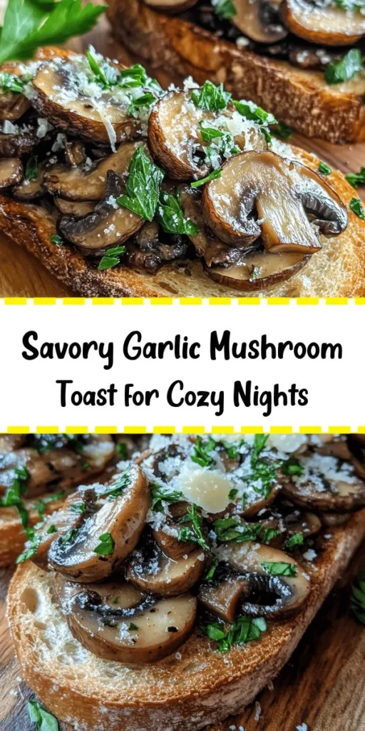 Indulge in these Savory Garlic Mushroom Toasts, a deliciously easy appetizer or snack that's perfect for any occasion! Sautéed cremini mushrooms are combined with garlic, thyme, and a splash of soy sauce, creating a flavorful topping for crispy, toasted rustic bread. Optional Parmesan cheese adds a rich finish, while fresh parsley brightens the dish. With just 30 minutes of prep, you'll be ready to serve these warm to family and friends!
