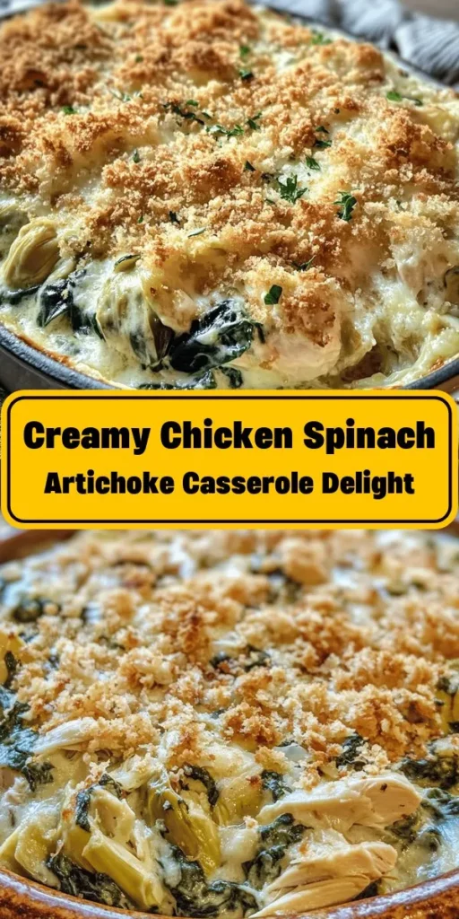 Indulge in this mouthwatering Creamy Chicken Spinach Artichoke Casserole, perfect for a cozy family dinner! Combining tender shredded chicken, fresh spinach, and artichokes with a creamy blend of cream cheese and Greek yogurt, this dish is rich in flavor. Topped with melted mozzarella and crunchy breadcrumbs, it's sure to delight. Easy to make and ready in under an hour, you'll love serving this comforting casserole to your loved ones!