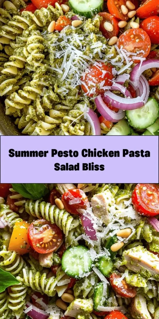 Looking for a fresh and delicious meal? Try this Pesto Chicken Pasta Salad! Made with rotini pasta, juicy chicken, vibrant veggies, and a flavorful pesto dressing, it’s perfect for lunch or dinner. Just cook your pasta, toss in some cherry tomatoes, cucumbers, and bell peppers, then combine it all with the homemade pesto. Chill for a bit and enjoy a colorful, satisfying dish that's as good as it looks! Ideal for picnics or quick weeknight meals!
