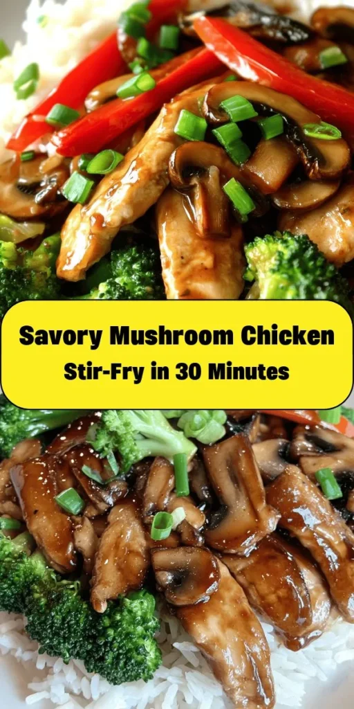 Get ready to enjoy a flavorful Mushroom Chicken Delight! This quick and easy stir-fry combines tender chicken strips with fresh mushrooms, vibrant bell peppers, and crunchy broccoli, all tossed in a savory sauce. Perfect for busy weeknights, this dish is ready in under an hour and serves four. Serve it hot over fluffy white rice and garnish with green onions for a delightful finish. Bring some excitement to your dinner table with this delicious recipe!