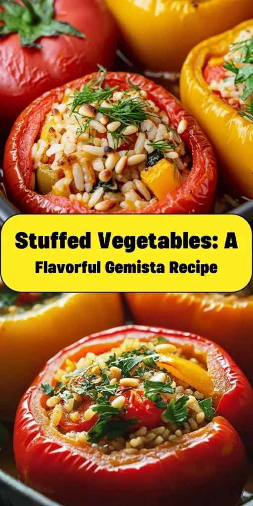 Discover the deliciousness of Gemista Delight, a colorful dish of stuffed tomatoes and bell peppers! This easy recipe combines long-grain rice, fresh herbs like parsley and dill, pine nuts, and aromatic spices for a flavorful filling. Perfect for a family dinner or meal prep, these vibrant vegetables are roasted to perfection. Enjoy them warm or at room temperature for a delightful taste of Mediterranean cuisine. Your taste buds will thank you!
