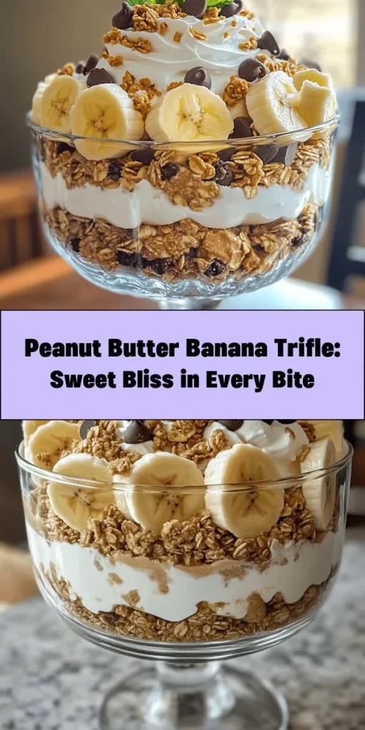 Satisfy your sweet cravings with this easy Peanut Butter Banana Bliss Trifle! Layers of creamy peanut butter, ripe bananas, and crunchy granola come together for a delicious treat that’s perfect for any occasion. Topped with whipped cream and optional chocolate chips for an extra touch, this dessert is as beautiful as it is tasty. Prep it in just 20 minutes, chill, and enjoy with family or friends. Don’t forget the fresh mint for garnish!