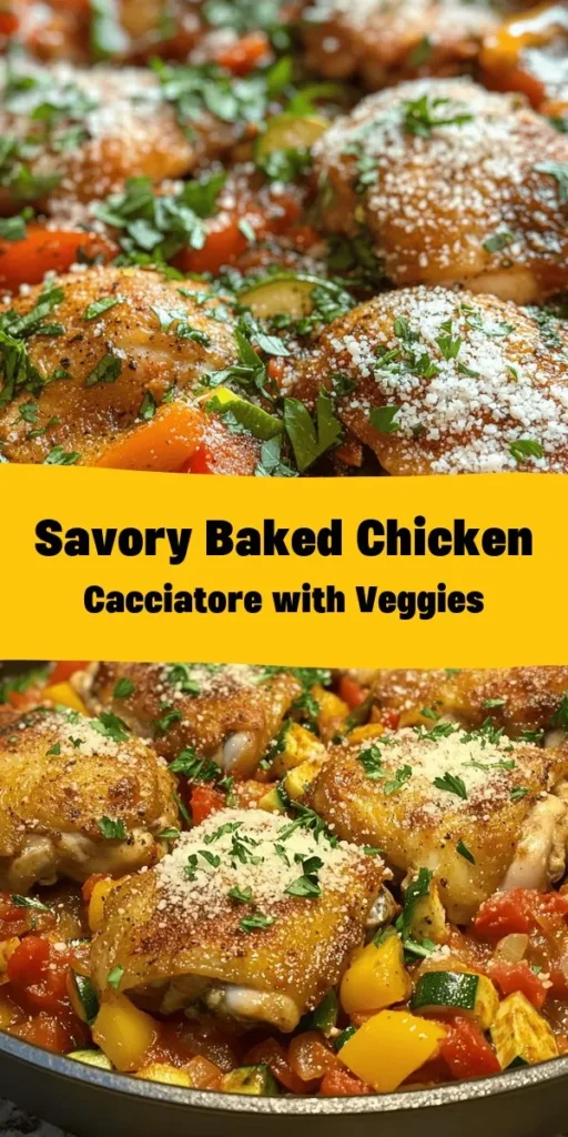 Experience the delicious flavors of Baked Chicken Cacciatore! This hearty dish features tender chicken thighs seared to perfection, then baked with a medley of vibrant vegetables and aromatic herbs. With juicy diced tomatoes and zesty chicken broth, every bite is packed with comfort. Perfect for a family dinner, it's easy to make and ready in just one hour. Garnish with fresh parsley and Parmesan for an extra touch. Dive into this Italian classic tonight!