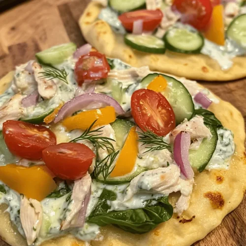If you're looking for a flavorful and quick meal that combines traditional Mediterranean ingredients with a modern twist, then Tzatziki Chicken & Veggie Naan Pizza is the perfect choice. This delightful dish merges the rich, creamy taste of tzatziki sauce with succulent chicken and fresh vegetables, all atop a warm, soft naan bread. The result is a vibrant, satisfying pizza that not only tantalizes the taste buds but also provides a nutritious option for lunch or dinner.