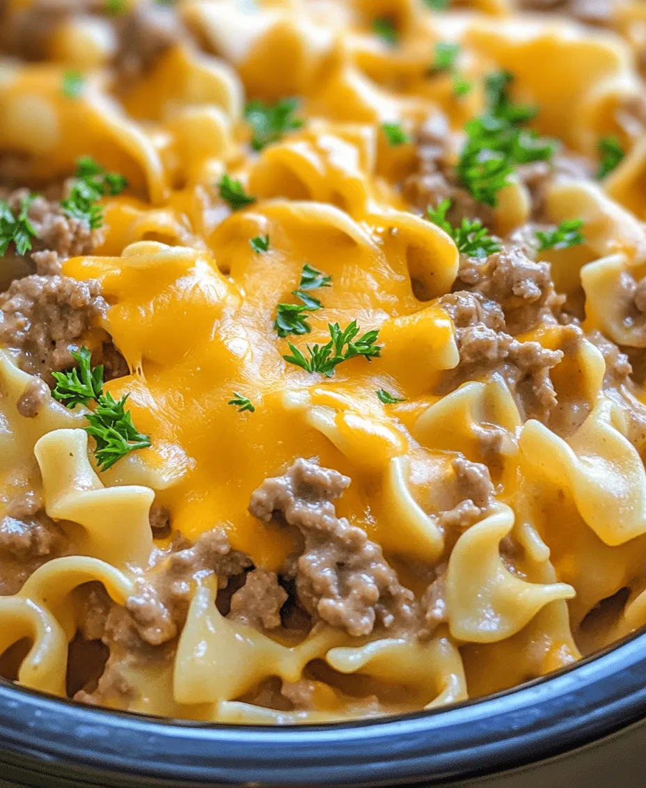 When it comes to comfort food, few dishes can rival the heartwarming appeal of a hearty, cheesy meal that warms both the body and soul. The significance of easy, satisfying meals cannot be overstated, especially during family gatherings or busy weeknights when time is of the essence. Enter the <strong>Crockpot Cheesy Beef and Noodles Delight</strong>—a dish that beautifully marries rich flavors with simplicity, making it a perfect choice for those looking to create a memorable meal without the stress of elaborate preparation.” /></p>
</p>
<h3>Final Touch: Melting the Cheese and Adjusting Seasonings</h3>
</p>
<p>As you approach the final stages of your Crockpot Cheesy Beef and Noodles Delight, the moment of truth comes when you add the cheese. The right melting technique not only enhances the dish’s flavor but also its texture.</p>
</p>
<p>When you add the shredded cheese towards the end of the cooking time, typically within the last 30 minutes, it allows the cheese to melt evenly and integrate beautifully into the beef and noodles without becoming rubbery. To achieve the perfect melt, ensure that your crockpot is set to high during this period. Stir the cheese in gently, allowing it to coat the noodles and beef thoroughly.</p>
</p>
<p>This is also the perfect opportunity to taste your dish and adjust the seasonings. Depending on personal preference and the specific flavors of the ingredients you’ve used, you may find that a pinch of salt, a dash of pepper, or even a sprinkle of garlic powder can elevate the dish. Remember, seasoning is key to balancing flavors, so don’t hesitate to tweak it to your liking.</p>
</p>
<h3>Cooking Tips for Perfecting Your Dish</h3>
</p>
<p>Perfecting your Crockpot Cheesy Beef and Noodles Delight involves avoiding common pitfalls that can detract from this comforting meal. Here are some essential tips to ensure your dish turns out just right.</p>
</p>
<h4>Ensuring Even Cook</h4>
</p>
<p>To achieve an even cook in your crockpot, layer your ingredients thoughtfully. Start with the beef on the bottom, followed by any vegetables, and then the noodles on top. This arrangement allows for better heat distribution as the ingredients cook, preventing any from being overcooked or undercooked. Additionally, try to cut your vegetables into uniform sizes to promote even cooking.</p>
</p>
<h4>Choosing the Right Cheese</h4>
</p>
<p>While cheddar cheese is a classic choice for this dish, there are plenty of alternatives that can provide unique flavor profiles. For a sharper taste, consider using aged gouda or a blend of mozzarella and parmesan for a creamier texture. If you want a little kick, pepper jack can add a delightful heat. Experimenting with different cheeses can transform your dish, so feel free to mix and match according to your taste preferences.</p>
</p>
<h4>Customizing Flavor</h4>
</p>
<p>One of the great advantages of this recipe is its versatility. To personalize your Crockpot Cheesy Beef and Noodles Delight, consider adding spices or vegetables that suit your palate. For instance, a teaspoon of smoked paprika can introduce a subtle smokiness, while fresh herbs like thyme or rosemary can add aromatic complexity. You could also throw in some diced bell peppers, mushrooms, or even spinach for an extra nutritional boost. The possibilities are nearly endless, allowing you to cater to your family’s preferences.</p>
</p>
<h3>Serving Suggestions</h3>
</p>
<p>Serving your Crockpot Cheesy Beef and Noodles Delight can be just as enjoyable as preparing it. Here are some strategies to enhance the experience for you and your guests.</p>
</p>
<h4>Plating Techniques</h4>
</p>
<p>An appealing presentation can make your dish more enticing. Consider serving the beef and noodles in shallow bowls to showcase the melty cheese and tender meat. A sprinkle of freshly grated cheese on top can add visual appeal and a touch of elegance. You could also serve the dish in individual ramekins for a more personal touch, garnishing each with a sprig of parsley or a dash of paprika.</p>
</p>
<h4>Side Dishes</h4>
</p>
<p>To complement the richness of the Cheesy Beef and Noodles, a light side dish can create a well-rounded meal. A fresh garden salad with a tangy vinaigrette can provide a refreshing contrast. Alternatively, serve with crusty bread or garlic bread for soaking up any delicious sauce left on the plate. Roasted or steamed vegetables can also add color and nutrition to your meal.</p>
</p>
<h4>Garnishing</h4>
</p>
<p>Don’t underestimate the power of garnishing. A sprinkle of fresh parsley not only adds a pop of color but also brings a fresh flavor that can brighten the richness of the cheese and beef. Other options include chives for an oniony bite or even a few crushed red pepper flakes for those who like a little heat. Choose garnishes that will enhance the overall presentation while also contributing to flavor.</p>
</p>
<h3>Nutritional Information</h3>
</p>
<p>For those who are health-conscious or simply want to know what they’re consuming, understanding the nutritional content of your meal is vital.</p>
</p>
<h4>Caloric Breakdown</h4>
</p>
<p>Each serving of Crockpot Cheesy Beef and Noodles Delight contains approximately 450-500 calories, depending on the specific ingredients and portion sizes used. This makes it a satisfying meal without being overly indulgent.</p>
</p>
<h4>Nutritional Benefits</h4>
</p>
<p>The ingredients in this dish carry several health benefits. Ground beef is an excellent source of protein, essential for muscle repair and overall health. The cheese contributes calcium, vital for strong bones and teeth, while the noodles provide carbohydrates for energy. If you choose to add vegetables, you’ll also gain valuable vitamins and minerals that contribute to a balanced diet.</p>
</p>
<h3>Conclusion</h3>
</p>
<p>Crockpot Cheesy Beef and Noodles Delight is not just a meal; it’s an experience that brings families together around the table. With its rich flavors and comforting textures, this recipe is ideal for both novice cooks and seasoned chefs looking to simplify meal preparation without sacrificing taste. The beauty of this dish lies in its versatility and ease, making it a reliable choice for busy weeknights or casual gatherings.</p>
</p>
<p>As you savor each bite of your homemade creation, remember that sharing a meal is one of life’s simple joys. This recipe, with its delightful combination of cheese, beef, and noodles, is sure to become a favorite in your household, encouraging laughter and storytelling at the dinner table. Enjoy crafting this delicious meal, and relish the moments spent with loved ones over a warm plate of comfort food.</p>
<div id=