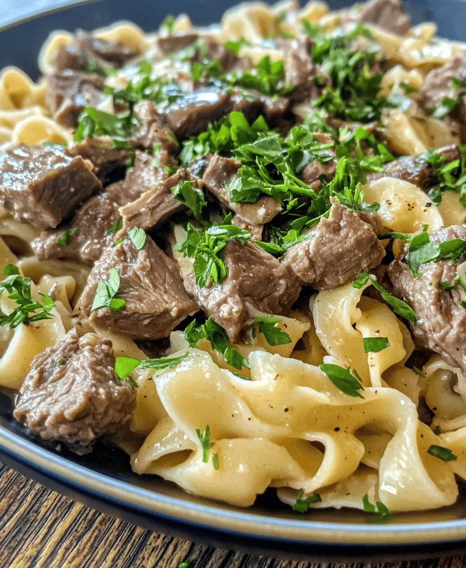 If you're on the lookout for a comforting, hearty meal that requires minimal effort yet delivers maximum flavor, look no further than <strong>Tremendous Crockpot Beef Tips & Noodles</strong>. This dish has become a favorite in many households for good reason. Picture succulent chunks of beef simmered in a savory broth, paired with tender noodles and an array of aromatic flavors – it’s the kind of meal that wraps you in warmth, especially during the colder months.” /></p>
</p>
<h3>Impact of Time on Ingredient Infusion</h3>
</p>
<p>The beauty of cooking with a crockpot lies in the way ingredients meld together over time. For <strong>Tremendous Crockpot Beef Tips & Noodles</strong>, allowing the dish to cook for several hours enables the flavors to infuse deeply into the beef, noodles, and sauce. As the beef simmers, its natural juices combine with the broth, creating a rich, savory base. The longer cooking time allows spices and seasonings to permeate every ingredient, resulting in a dish that is bursting with flavor.</p>
</p>
<p>When setting your crockpot, aim for at least 6 to 8 hours on low heat. This slow cooking process not only tenderizes the beef tips but also enhances the overall taste profile of the dish. If you find you have more time, extending the cooking time even further can yield an even richer flavor, making it a perfect candidate for those busy weekdays or lazy weekends.</p>
</p>
<h3>Understanding the Optional Thickening Step</h3>
</p>
<p>As the cooking time comes to an end, you may notice the sauce is thinner than you desire. This is where the optional thickening step comes into play. To achieve a heartier sauce that clings beautifully to the beef tips and noodles, use a mixture of cornstarch and cold water to thicken the gravy.</p>
</p>
<p>To do this, mix about 2 tablespoons of cornstarch with an equal amount of cold water to create a slurry. Stir this mixture into the crockpot about 30 minutes before you plan to serve the dish. This will not only enhance the texture but also elevate the overall presentation of your meal by giving it a glossy finish. A thicker sauce will help to create a more substantial mouthfeel, ensuring that each bite is satisfying and flavorful.</p>
</p>
<h3>Benefits of a Thicker Sauce on Final Dish Presentation and Texture</h3>
</p>
<p>A thicker sauce contributes significantly to the final dish’s presentation and texture. It coats the beef tips and noodles evenly, ensuring that every ingredient has a burst of flavor. The visual appeal of a well-thickened sauce cannot be overstated; it makes the dish look more appetizing and inviting on the plate.</p>
</p>
<p>Moreover, a thicker sauce helps to balance the dish, providing a rich backdrop for the tender beef and soft noodles. It enhances the overall eating experience, allowing diners to enjoy a cohesive blend of flavors in each bite. Whether you choose to thicken the sauce or not, your crockpot beef tips and noodles will still be delicious, but the added step will undoubtedly elevate your cooking game.</p>
</p>
<h3>Cooking the Noodles</h3>
</p>
<p>Timing is crucial when it comes to cooking egg noodles for this dish. Since the beef tips are already cooked in the crockpot, the noodles should be prepared just before serving to ensure they remain al dente and do not become mushy. Follow the package instructions for cooking times, usually around 6 to 8 minutes in boiling water.</p>
</p>
<h4>Best Practices for Cooking and Draining Noodles to Avoid Clumping</h4>
</p>
<p>To prevent your noodles from clumping together, consider these best practices:</p>
<p>– <strong>Use plenty of water</strong>: A large pot with ample water ensures that the noodles have enough room to move around, preventing them from sticking together.</p>
<p>– <strong>Salt the water</strong>: Adding a tablespoon of salt to boiling water not only flavors the noodles but also helps to keep them from sticking.</p>
<p>– <strong>Stir occasionally</strong>: Give the noodles a gentle stir during cooking to separate them and prevent clumping.</p>
<p>– <strong>Drain immediately</strong>: Once they are cooked, drain the noodles in a colander right away. If you’re not serving them immediately, toss them lightly with a drizzle of olive oil to keep them from sticking.</p>
</p>
<h4>Serving Suggestions: Mixing Noodles with the Beef or Serving Them Separately</h4>
</p>
<p>When it comes to serving your Tremendous Crockpot Beef Tips & Noodles, you have a couple of options. For a hearty family-style presentation, mix the cooked noodles directly into the crockpot with the beef tips and sauce, allowing the flavors to meld together. This method makes it easy to serve and ensures that every noodle is coated in the rich gravy.</p>
</p>
<p>Alternatively, you can serve the beef tips and sauce over a bed of noodles for a more elegant presentation. This method allows diners to control the noodle-to-sauce ratio according to their preferences. Whichever serving style you choose, your dish is sure to impress!</p>
</p>
<h3>Garnishing and Serving</h3>
</p>
<p>Garnishing your dish not only adds color but also enhances flavor. A sprinkle of fresh parsley over your Tremendous Crockpot Beef Tips & Noodles can brighten up the dish visually and provide a fresh, herbaceous note that complements the savory elements of the meal. Use finely chopped parsley for a delicate touch.</p>
</p>
<h4>Ideas for Serving: Bowl vs. Plate Presentation</h4>
</p>
<p>When it comes to serving your dish, consider whether to use bowls or plates. Using bowls is ideal for a comforting, rustic presentation, especially if you’ve mixed the noodles with the beef tips and sauce. This allows for a cozy, inviting feel, perfect for family dinners.</p>
</p>
<p>On the other hand, plating the beef and noodles separately gives a more refined dining experience, allowing guests to appreciate the different components of the dish. You can also consider serving with a side of crusty bread or a fresh salad to round out the meal.</p>
</p>
<h4>Pairing Suggestions: Side Dishes or Beverages that Complement the Meal</h4>
</p>
<p>To elevate your dining experience, consider pairing your Tremendous Crockpot Beef Tips & Noodles with complementary side dishes and beverages. A simple green salad with a light vinaigrette can provide a refreshing contrast to the rich flavors of the beef. Alternatively, roasted vegetables or garlic bread can enhance the meal’s heartiness.</p>
</p>
<p>For beverages, a robust red wine such as Cabernet Sauvignon or a hearty lager can complement the dish beautifully. If you prefer non-alcoholic options, consider serving sparkling water with lemon or a light herbal iced tea.</p>
</p>
<h3>Nutritional Information</h3>
</p>
<p>Understanding the nutritional value of your meal is essential, especially if you are keeping track of dietary intake. Here is a breakdown of the approximate nutritional values per serving of Tremendous Crockpot Beef Tips & Noodles (based on a standard serving of beef with sauce and noodles):</p>
</p>
<p>– <strong>Calories</strong>: 450-500</p>
<p>– <strong>Protein</strong>: 30-35g</p>
<p>– <strong>Fats</strong>: 15-20g</p>
<p>– <strong>Carbohydrates</strong>: 50-55g</p>
</p>
<h4>Discussion on Dietary Considerations</h4>
</p>
<p>For those with dietary restrictions, there are several modifications you can make. If you are looking for gluten-free options, consider using gluten-free noodles or even spiralized vegetables like zucchini or squash as a noodle substitute. Additionally, opting for low-sodium broth can help in managing sodium intake without sacrificing flavor.</p>
</p>
<h3>Exploring Variations and Substitutions</h3>
</p>
<p>One of the joys of cooking is the ability to adapt recipes to suit your preferences. Here are some suggestions for variations and substitutions to make this dish your own:</p>
</p>
<h4>Suggestions for Ingredient Substitutions for Dietary Preferences</h4>
</p>
<p>If you’re looking to switch things up, consider using chicken or tofu in place of beef. Both options will still absorb the delicious flavors of the sauce while providing different textures and tastes.</p>
</p>
<h4>Exploring Different Types of Noodles: Alternatives to Egg Noodles</h4>
</p>
<p>While egg noodles are traditional for this crockpot dish, feel free to experiment with different types of noodles. Wide rice noodles or whole wheat noodles can provide unique flavors and textures, while also catering to those with gluten sensitivities.</p>
</p>
<h4>Ideas for Adding Vegetables for Added Nutrition</h4>
</p>
<p>To boost the nutritional content of your meal, consider adding vegetables to the crockpot. Carrots, peas, or even bell peppers can enhance both flavor and texture, making your dish more colorful and nutritious. Adding vegetables can also help to balance the richness of the beef and sauce.</p>
</p>
<h3>Conclusion</h3>
</p>
<p>Tremendous Crockpot Beef Tips & Noodles stands out as a comforting and hearty meal that is perfect for any occasion. The slow cooking process allows for a depth of flavor that is hard to resist, while the optional thickening step enhances the dish’s presentation and texture.</p>
</p>
<p>Whether you choose to mix the noodles with the beef or serve them separately, this meal is sure to please your family and friends. With variations and substitutions available, this recipe offers versatility that makes it suitable for various dietary preferences.</p>
</p>
<p>Embrace the simplicity and convenience of crockpot cooking, and let this dish become a staple in your culinary repertoire. As you savor each bite, you’ll appreciate not only the rich flavors but also the joy of preparing a meal that brings everyone together at the table.</p>
<div id=