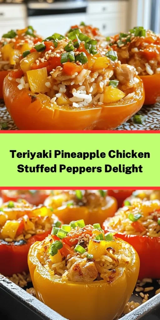 Delight in these Teriyaki Pineapple Chicken & Rice Stuffed Peppers for a burst of flavor! Perfect for a healthy weeknight dinner, these colorful bell peppers are packed with tender chicken, juicy pineapple, and fluffy jasmine rice, all coated in savory teriyaki sauce. Easy to make and even easier to enjoy, they're a hit for the whole family. Bake to perfection and garnish with green onions and sesame seeds for a vibrant finish!