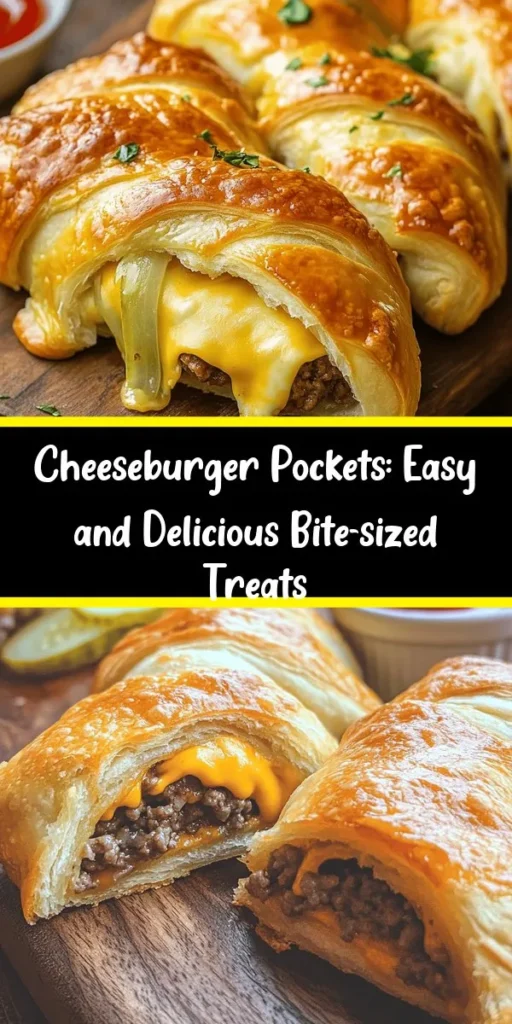 These cheesy cheeseburger pockets are the perfect quick and tasty meal! Packed with seasoned ground beef, onions, and gooey cheddar and mozzarella cheese, they're encased in flaky crescent roll dough. Just brown the beef, mix in some flavors, stuff the dough, and bake until golden. In just 30 minutes, you can enjoy a fun twist on a classic burger that’s great for dinner or game day snacking. Serve with ketchup and enjoy every bite!