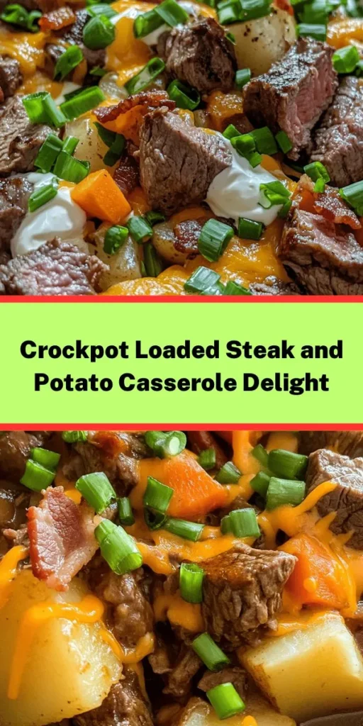 Savor the flavors of comfort food with this delicious Crockpot Loaded Steak and Potato Bake! This easy recipe combines tender cubed steak, diced russet potatoes, and vibrant baby carrots, all simmered in a savory broth. With the addition of creamy sour cream and melted cheddar cheese, it’s a perfect hearty meal for any day. Simply prep, layer, and let the slow cooker do the work. Serve it with a sprinkle of green onions and optional bacon bits for an irresistible dish the whole family will love!