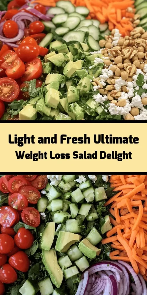 Discover the ultimate weight loss salad that's both delicious and nutritious! Packed with leafy greens, colorful veggies, creamy avocado, and protein-rich chickpeas, this salad is a perfect meal for anyone looking to eat healthy. Toss it all together in just 15 minutes and enjoy the refreshing flavors with a zesty homemade dressing. Customize it with feta and nuts for extra crunch. Perfect for lunch or a light dinner, this salad is a must-try!