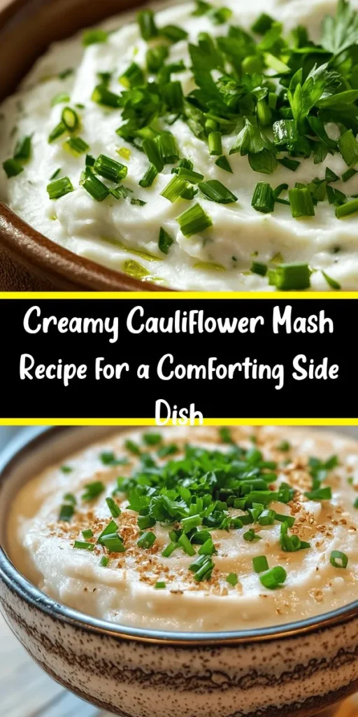 Elevate your side dish game with this creamy cauliflower mash! Perfectly buttery and smooth, it's a fantastic alternative to traditional mashed potatoes. This recipe combines tender cauliflower, fragrant garlic, and a splash of cream for irresistible flavor. Easy to make in just 30 minutes, it's a crowd-pleaser for any meal. Don’t forget to garnish with fresh chives or parsley for that added touch! Perfect for family dinners or holiday feasts.