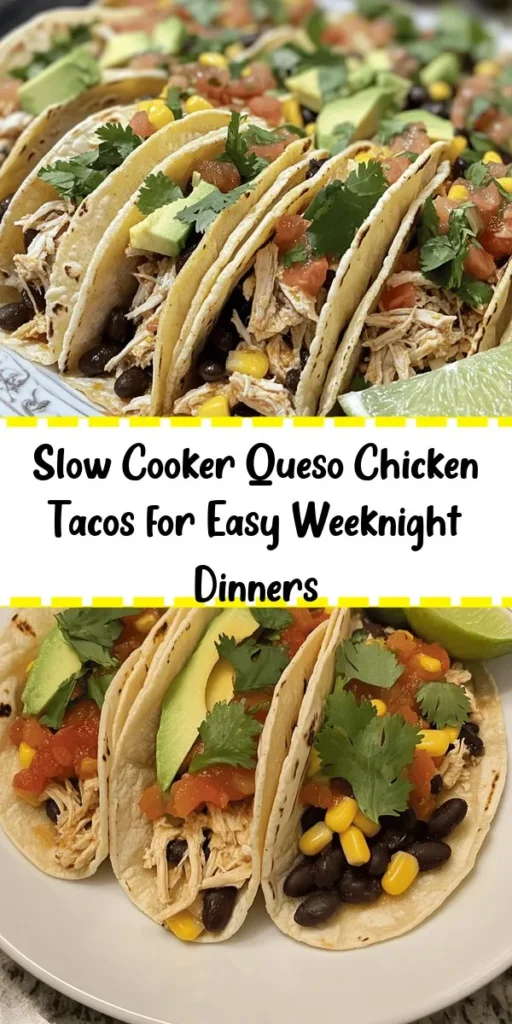 Get ready for a flavor explosion with these Slow Cooker Queso Chicken Tacos! Simply toss boneless chicken breasts, salsa, taco seasoning, and a few other ingredients into your slow cooker, and let it work its magic. After a few hours, you'll have tender, shredded chicken mixed with creamy cheese, black beans, and corn. Serve in warm tortillas, topped with fresh cilantro and avocado, for a delicious taco night that everyone will love!