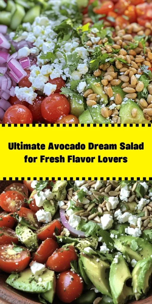 Dive into this Avocado Lover’s Dream Salad, perfect for a fresh lunch or a vibrant side dish! Featuring creamy avocados, juicy cherry tomatoes, crunchy cucumbers, and a sprinkle of feta, this salad is bursting with flavor. Tossed with a zesty lime dressing and topped with roasted sunflower seeds, it's not only delicious but also packed with nutrients. Ready in just 15 minutes, it’s a quick and satisfying meal that everyone will love!