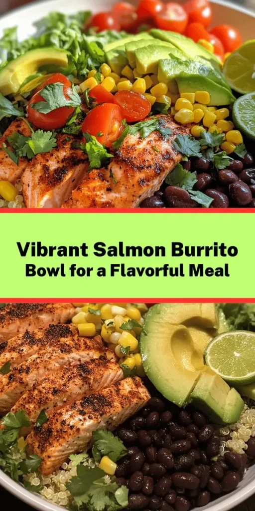 Looking for a nutritious and delicious meal option? Try this Salmon Burrito Bowl! Packed with protein from flaky salmon and fiber-rich black beans, this bowl also features quinoa, fresh corn, diced avocado, cherry tomatoes, and crisp lettuce. It's seasoned to perfection and topped with lime juice and fresh cilantro. Perfect for a quick lunch or dinner, this vibrant dish is easy to prepare and full of flavor! Customize with your favorite toppings for an extra kick. Enjoy!