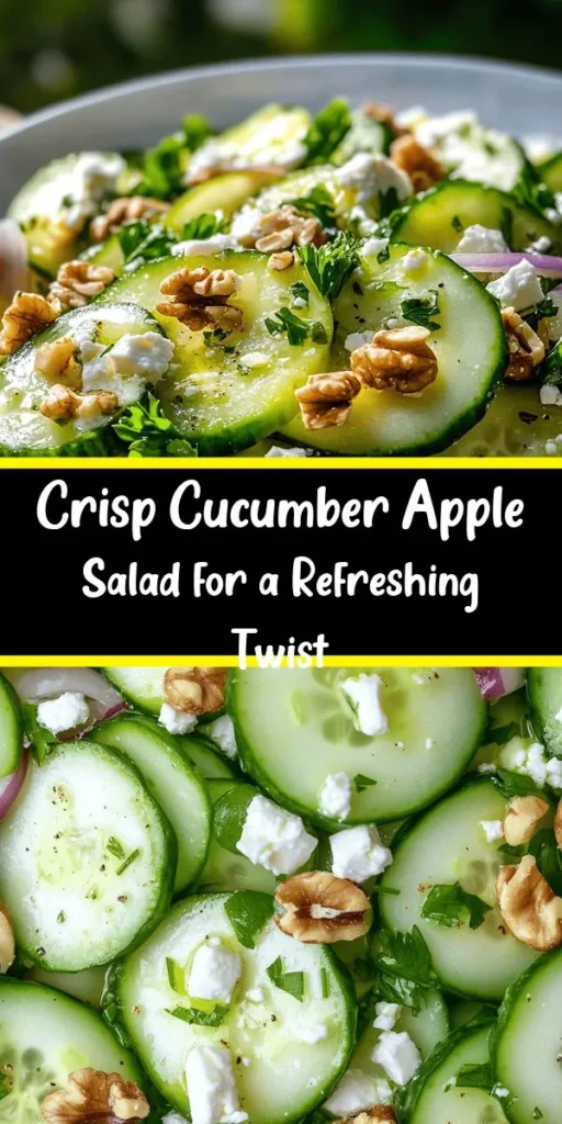 Discover a refreshing Crunchy Cucumber and Apple Salad perfect for any meal! This vibrant dish combines thinly sliced cucumber, tart apples, and red onion with the satisfying crunch of walnuts, creating a delightful texture. Toss it all together with a zesty dressing made from olive oil, apple cider vinegar, honey, and fresh parsley. Ideal as a side or a light lunch, it’s ready in just 25 minutes. Enjoy a burst of flavor that’s both healthy and satisfying!