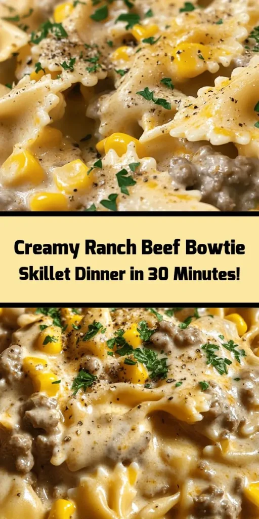 Indulge in a creamy, savory delight with this delicious Creamy Ranch Beef Bowtie Skillet with Sweet Corn! This easy one-pan dish brings together tender bowtie pasta, savory ground beef, and sweet corn, all bathed in a rich ranch creamy sauce. Packed with cheddar cheese and seasoned to perfection, it's a comforting meal your whole family will love. Perfect for busy nights, this recipe comes together in just 30 minutes! Don’t forget to garnish with fresh parsley for an extra touch!