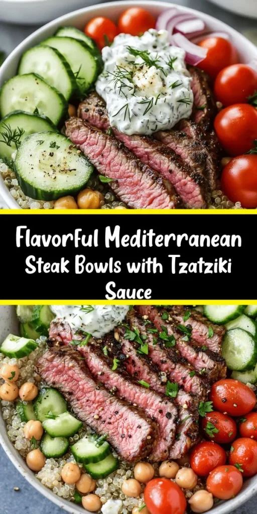 Brighten up your dinner routine with these delicious Mediterranean Steak Bowls! Packed with marinated flank steak, colorful veggies, and creamy feta, this bowl is a feast for both the eyes and palate. The homemade tzatziki sauce adds a refreshing twist. Perfectly paired with quinoa or couscous, this dish is healthy, satisfying, and perfect for meal prep. Quick to make and full of flavor, enjoy a taste of the Mediterranean any night of the week!