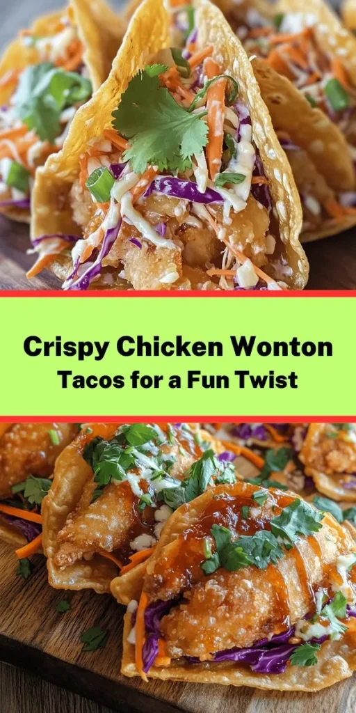 Try these Crunchy Chicken Wonton Tacos for a fun twist on taco night! Packed with shredded chicken seasoned to perfection, crispy wonton wrappers, and a vibrant slaw of cabbage, carrots, and green onions, these tacos are both delicious and satisfying. Drizzle with sweet chili sauce for an extra kick! Perfect for gatherings or a cozy dinner at home. Get ready to impress your family and friends with this easy-to-make recipe that’s sure to be a hit!