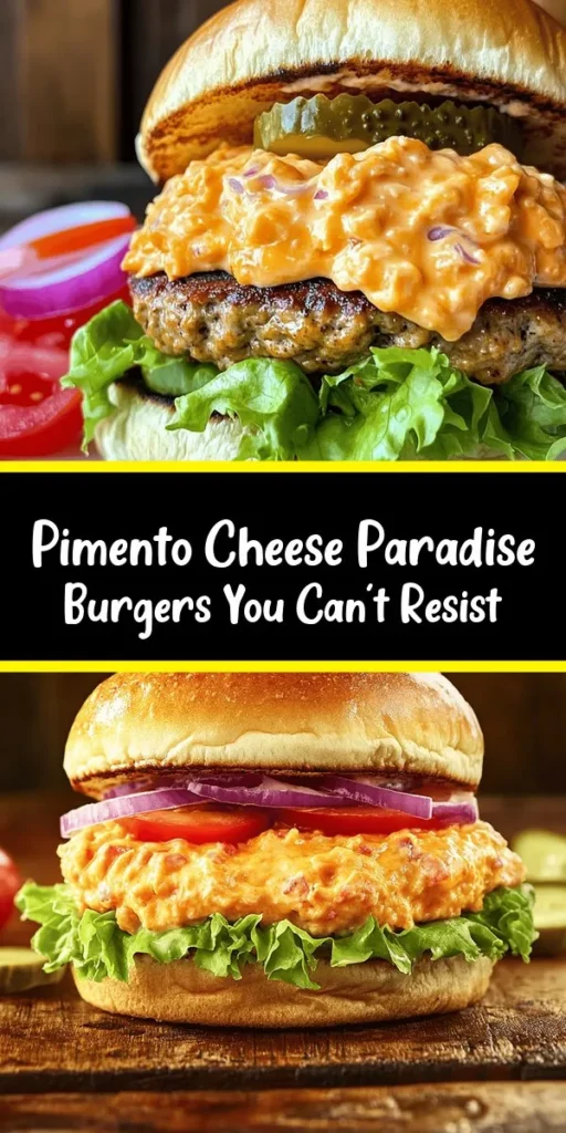 Indulge in the ultimate comfort food with these Pimento Cheese Paradise Burgers! Juicy beef patties are topped with a creamy, zesty pimento cheese made with sharp cheddar, cream cheese, and spices that add a delightful kick. Layered with fresh lettuce, tomatoes, and optional red onions and pickles, these burgers are both scrumptious and satisfying. Perfect for BBQs or a weeknight dinner, this recipe is a must-try for cheese lovers!