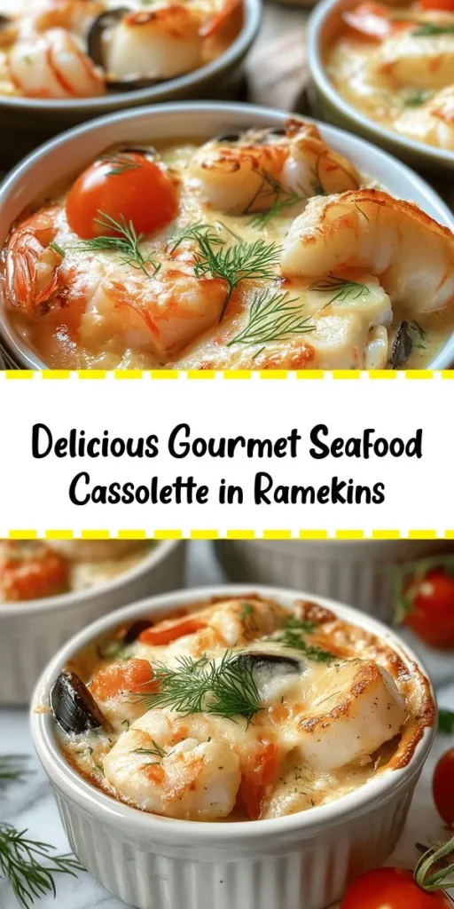 Indulge in this delicious Gourmet Seafood Cassolette, perfect for seafood lovers! This creamy dish combines succulent shrimp, scallops, mussels, and cod, all baked in rich flavors of white wine, fresh herbs, and crowned with gooey Gruyère cheese. It's simple to prepare and makes for an impressive dinner party dish or a cozy night in. Ready in just under an hour, serve this delightful seafood recipe in individual ramekins for a touch of elegance.