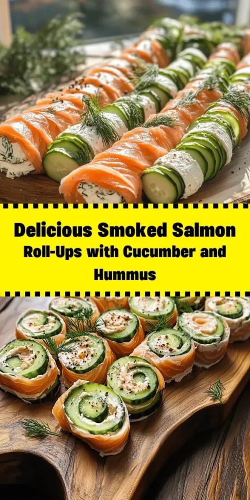 Elevate your snacking game with these delightful Smoked Salmon Roll-Ups with Cucumber and Hummus! Perfect for a light lunch or appetizer, these easy-to-make rolls combine the rich flavors of smoked salmon with crunchy cucumber and a creamy, herb-infused hummus spread. Simply roll them up, slice into bite-sized pieces, and enjoy! Garnish with fresh dill for that extra touch. Ready in just 15 minutes, they're sure to impress your guests!