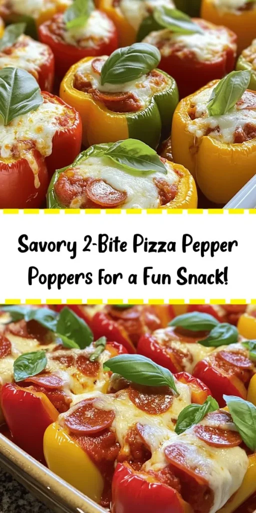 Try these 2-Bite Pizza Pepper Poppers for a fun and tasty appetizer! Made with colorful bell peppers, pizza sauce, mozzarella, and your choice of toppings like pepperoni, these little poppers are easy to whip up. Simply prepare the peppers, mix the filling, bake until bubbly, and enjoy! Perfect for parties or a cozy night in, they'll be a hit with everyone. Spice up your snack time with this delicious recipe!