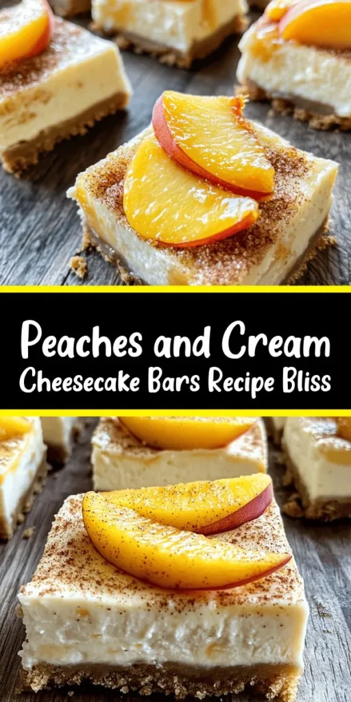 Indulge in the delightful layers of these Peaches and Cream Cheesecake Bars! With a buttery graham cracker crust, creamy cheesecake filling blended with fresh peaches, and a sweet peach topping, this recipe is perfect for summer gatherings. Easy to make and beautifully chilled, these bars are a refreshing treat everyone will love. Prep is quick, and the end result is a luscious dessert that's sure to impress family and friends. Enjoy every bite!