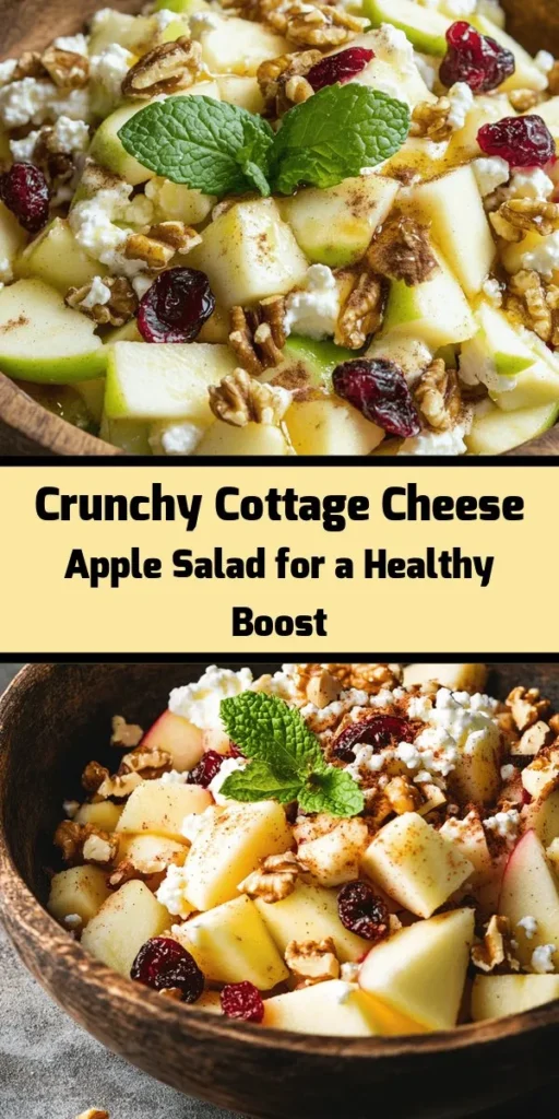 Discover a refreshing and nutritious Crunchy Cottage Cheese & Apple Salad perfect for any occasion! This easy recipe combines creamy cottage cheese with crisp apples, crunchy walnuts, and sweet dried cranberries, all enhanced with a drizzle of honey and a sprinkle of cinnamon. Ready in just 25 minutes, it’s a delicious way to enjoy a healthy snack or side dish. Chill and serve with fresh mint for a delightful presentation!