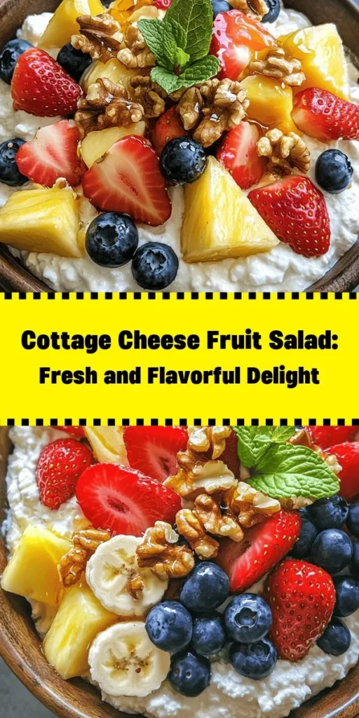 Celebrate the freshness of summer with this Cottage Cheese and Fruit Salad Delight! This easy recipe features creamy cottage cheese paired with vibrant fruits like strawberries, pineapple, blueberries, and banana. A touch of honey or maple syrup and a hint of vanilla make it irresistibly delicious. Perfect as a snack or light dessert, and customizable with nuts for added crunch. Chill for a refreshing treat and garnish with mint for that extra pop. Enjoy this healthy and colorful dish!
