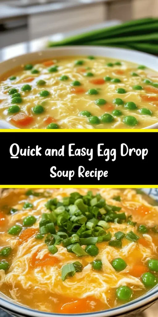 Warm up with this deliciously simple and savory Easy Egg Drop Soup! Made with low-sodium chicken broth, fresh veggies, and silky egg ribbons, it's comfort food you can whip up in just 15 minutes. Perfect for busy weeknights, this nutritious soup is enhanced with ginger, soy sauce, and a touch of sesame oil for extra flavor. Serve garnished with green onions for a delightful finishing touch. Try it out and enjoy a cozy bowl of goodness!