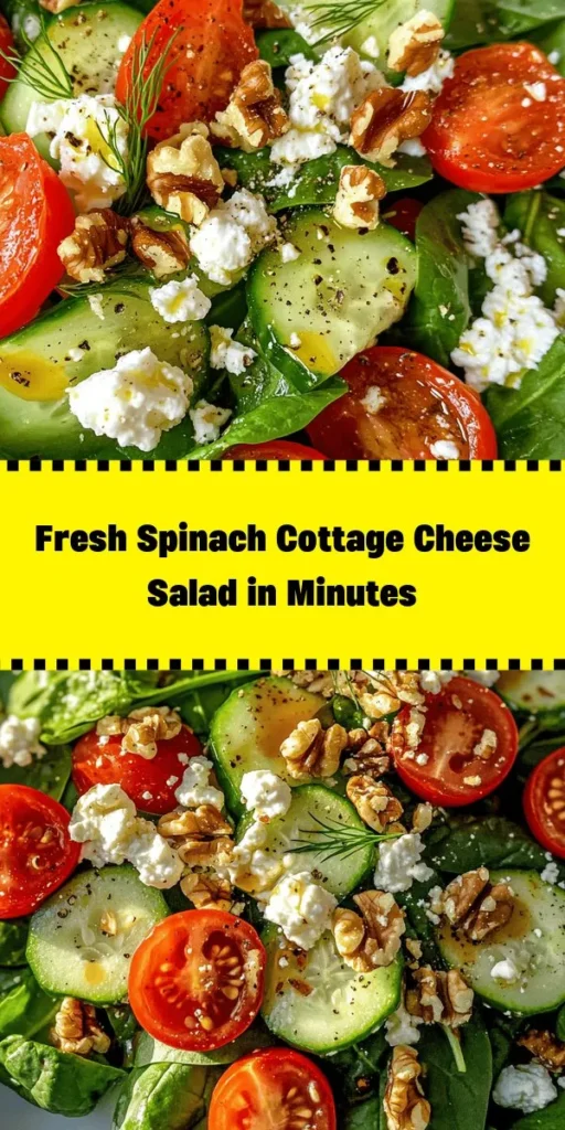 Transform your meals with this refreshing Cottage Cheese & Spinach Salad Delight! Packed with fresh spinach, juicy cherry tomatoes, and creamy cottage cheese, this salad is a healthy choice that’s quick to prepare. Toss in some crispy cucumbers, red onions, and crumbled feta for extra flavor. Drizzled with a light olive oil and balsamic dressing, it’s perfect for lunch or a side dish. Enjoy the crunch with optional walnuts and garnish with fresh herbs!