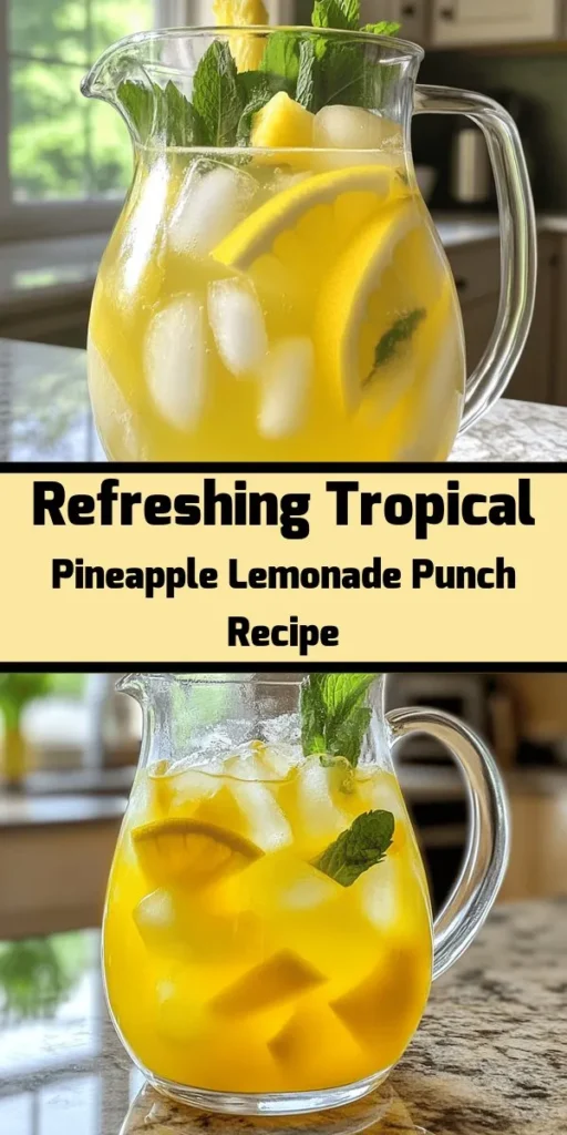 Quench your thirst with this refreshing Tropical Pineapple Lemonade Punch! Perfect for parties or a hot day, it's made with fresh pineapple juice, zesty lemon juice, and sparkling water for a fizzy twist. Customize sweetness to your liking and enjoy garnished with fresh pineapple, lemon slices, and mint leaves. In just 15 minutes, you can serve up this tropical delight that will impress family and friends. Cheers to summer vibes!