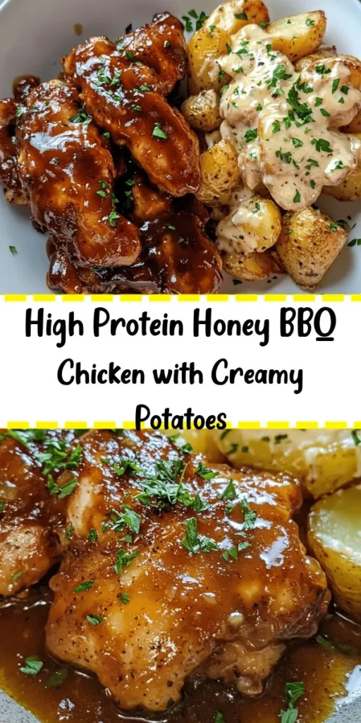 Looking for a delicious meal that's packed with protein? Try this High Protein Honey BBQ Chicken paired with Creamy Garlic Parmesan Potatoes! Tender chicken breasts are marinated in a sweet and tangy honey BBQ mixture, then grilled to perfection. Served alongside baby Yukon gold potatoes smothered in a rich, creamy garlic Parmesan sauce, this dish is a crowd-pleaser. Perfect for family dinners or meal prep. Get ready to impress with this tasty recipe!