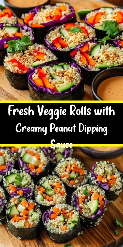 Discover the deliciousness of these hearty veggie rolls with a creamy peanut sauce that's perfect for a fresh and healthy meal! Packed with vibrant ingredients like quinoa, avocado, and colorful veggies, these rolls are not only visually appealing but also nutritious. With a simple step-by-step guide, you can effortlessly prepare these delightful bites in just 40 minutes. Serve them as an appetizer or a light lunch, and enjoy the burst of flavors with every bite!
