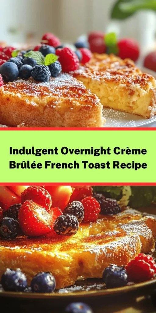 Indulge in a delicious twist on breakfast with this Overnight Crème Brûlée French Toast recipe! Start with thick slices of brioche soaked in a rich custard made from eggs, cream, and vanilla. After an overnight refrigerate, bake it to golden perfection with a crispy brown sugar topping that brings the crème brûlée flavor to life. Perfect for special occasions or a weekend treat, serve it warm with fresh berries and a dusting of powdered sugar. Enjoy!