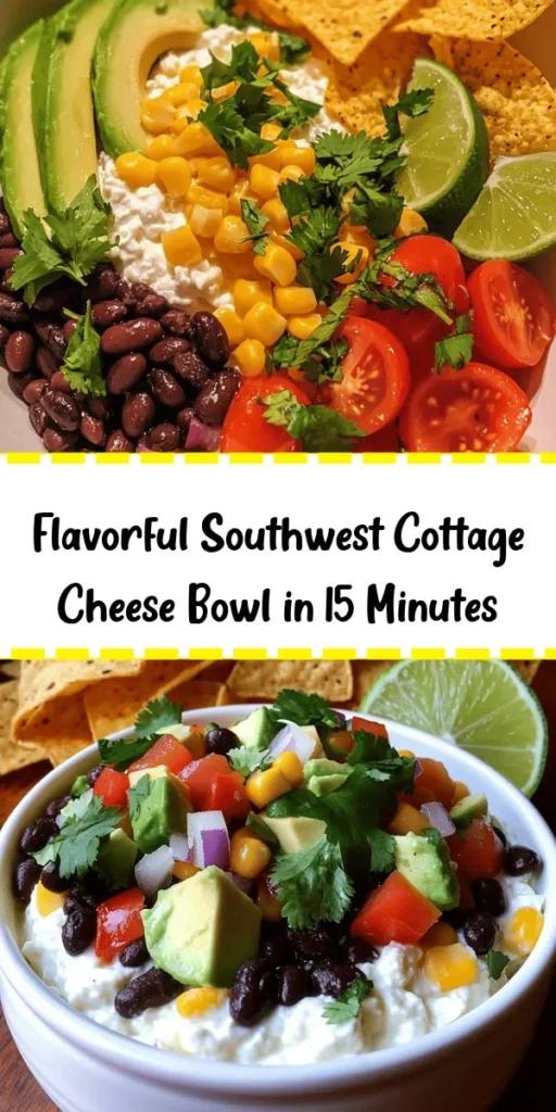 Dive into this vibrant Southwest Cottage Cheese Bowl packed with protein and flavor! In just 15 minutes, you can whip up a delicious mix of low-fat cottage cheese, black beans, corn, and fresh veggies like avocado and cherry tomatoes. A sprinkle of cumin and chili powder adds the perfect kick. Top it with crunchy tortilla chips for an irresistible crunch. Perfect for a healthy lunch or a light dinner! Enjoy this colorful dish that's as nutritious as it is tasty!