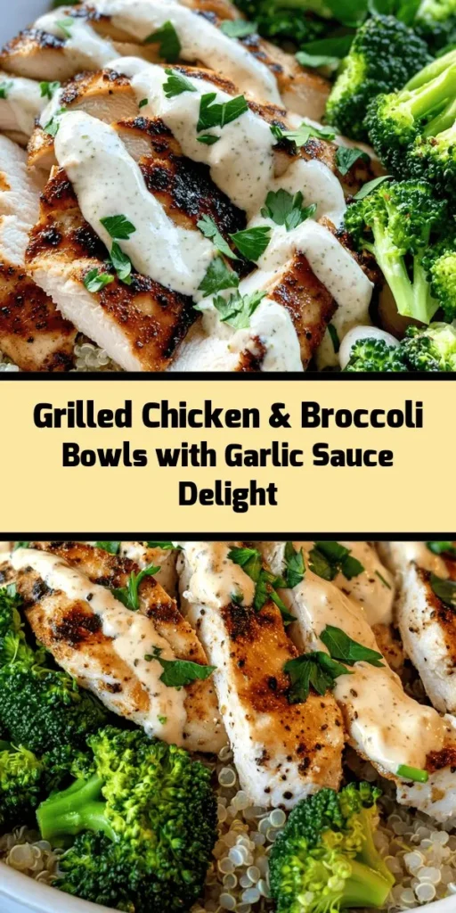 Savor the flavors of our Grilled Chicken & Broccoli Bowls with Creamy Garlic Sauce! This nutritious dish combines marinated grilled chicken, tender broccoli, and fluffy quinoa or brown rice, all topped with a delightful garlic sauce made from Greek yogurt. Perfect for a healthy dinner or meal prep, these bowls are easy to make and packed with flavor. Enjoy this delicious, wholesome meal in just 40 minutes!
